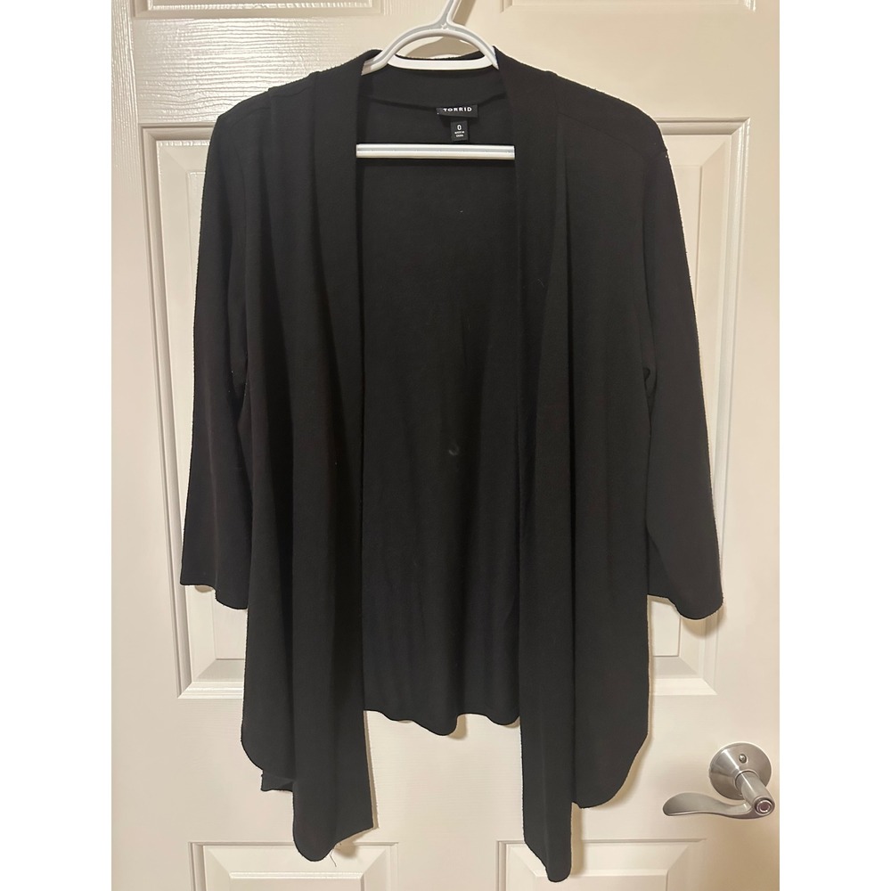 Torrid Cardigan Women 0 Black Open Front Draped Jersey Knit 3/4 Sleeve Layering